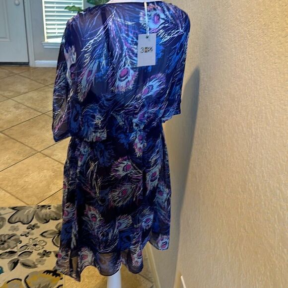 382 Womens M Semi Sheer Peacock Print Mini Slip Dress Blue Purple Flowy Vacation - Picture 10 of 11